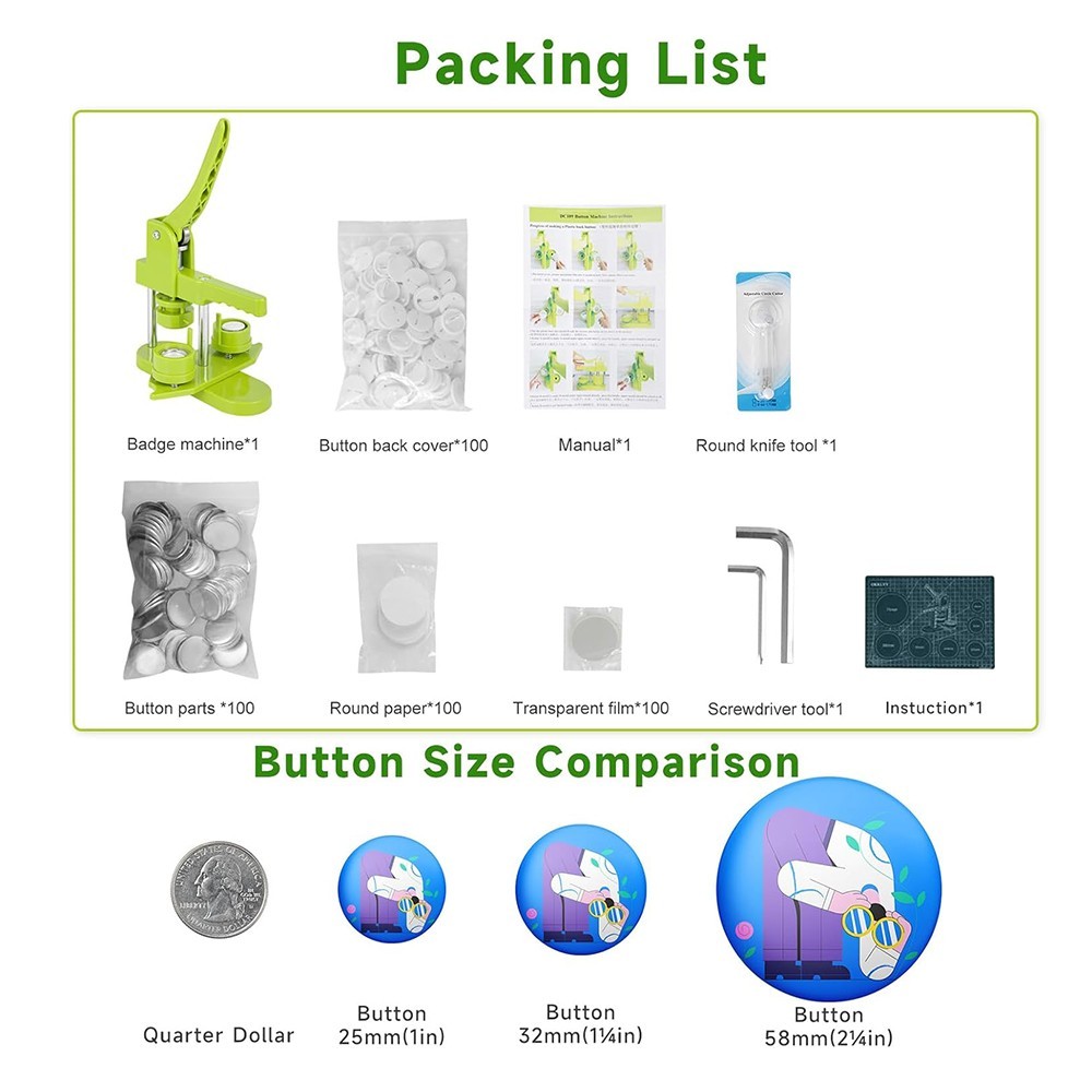 32mm/1.25" Button Maker Kit Button Maker Pin Badge Press Magnet Machine Cutter