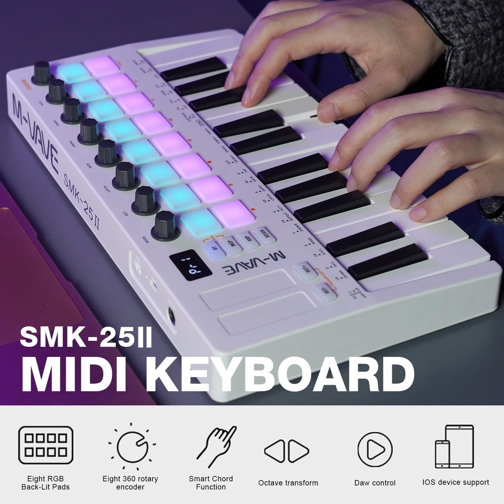 25 Key USB MIDI Keyboard Controller Wireless Bluetooth 16 Backlit Drum Pads, ...