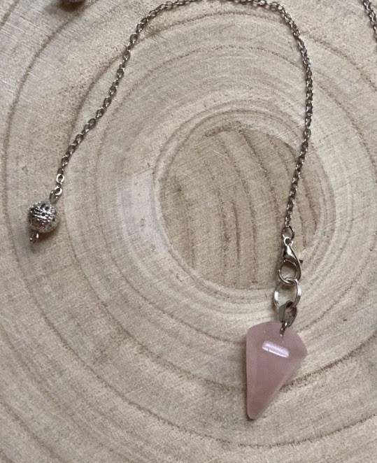 Rose Quartz Crystal Healing Pendulum with Silver Chain, Handcrafted
