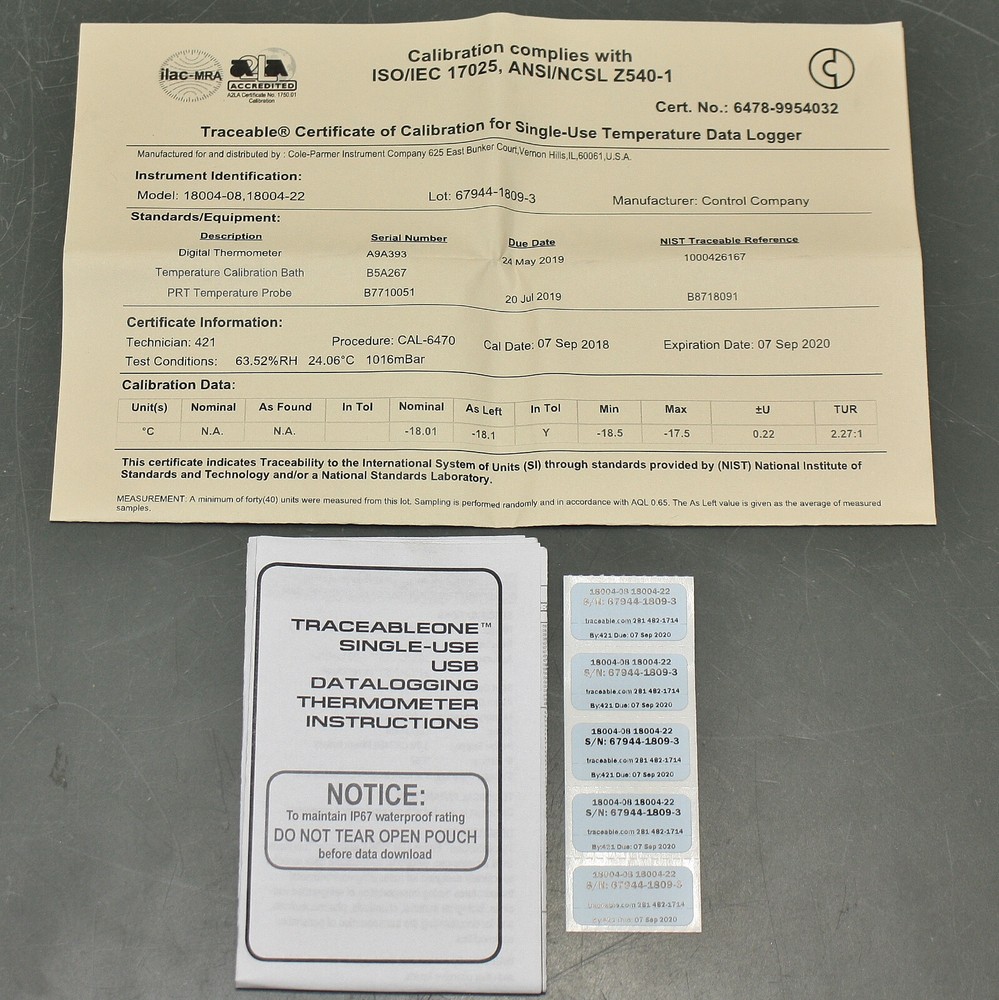 Traceable USB Temp Data Logger 6478, Single Use Thermometer, -15° C, -20° C