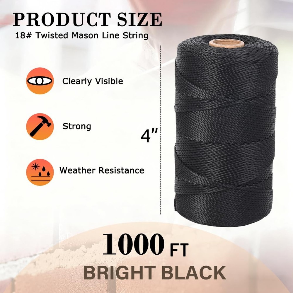 Mason Line String, 1000ft 18 UV-Resistant Black Nylon String, 1.3mm Thick Dur...