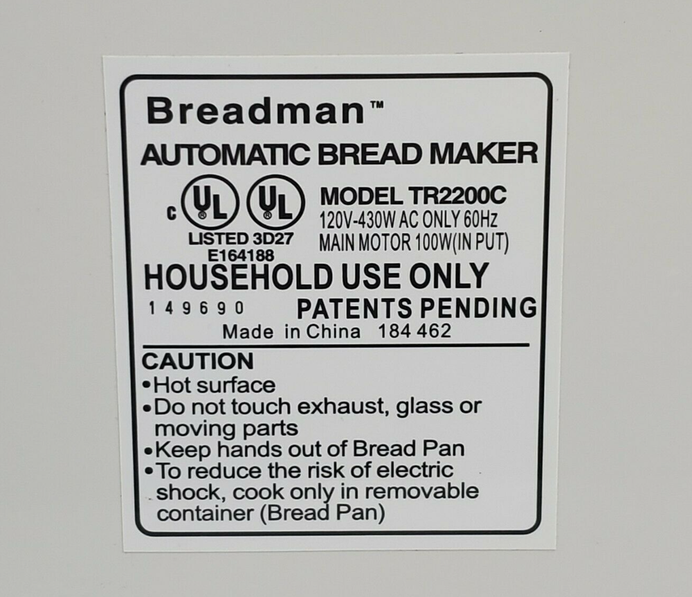 Heating Element for Breadman Bread Maker Models TR2200 (4-rivet only) TR2200C