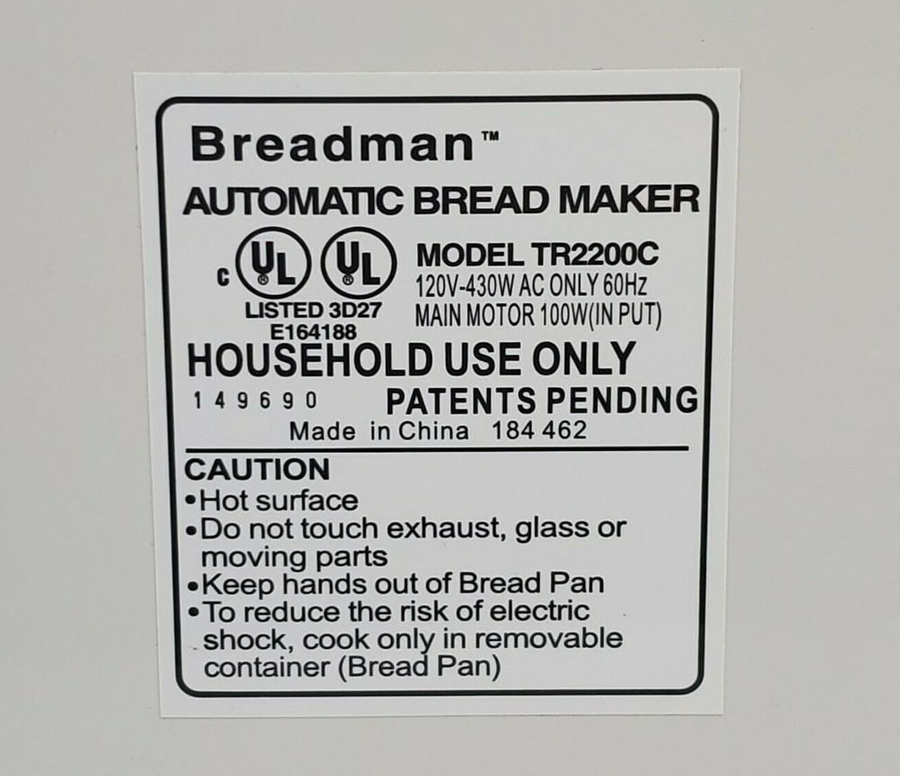 Power Cord Assembly for Breadman Bread Maker Model TR2200C (4-rivet only)