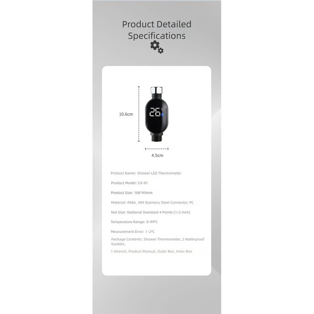 Hydroelectric Powered Shower Thermometer with Large LED Digital Screen Display