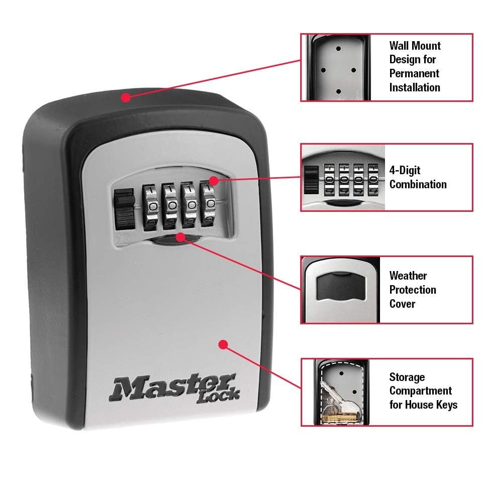 Master Lock 5401EC Wall Mount 4-Digit Combination Key Lock Box, 5 Key, Black