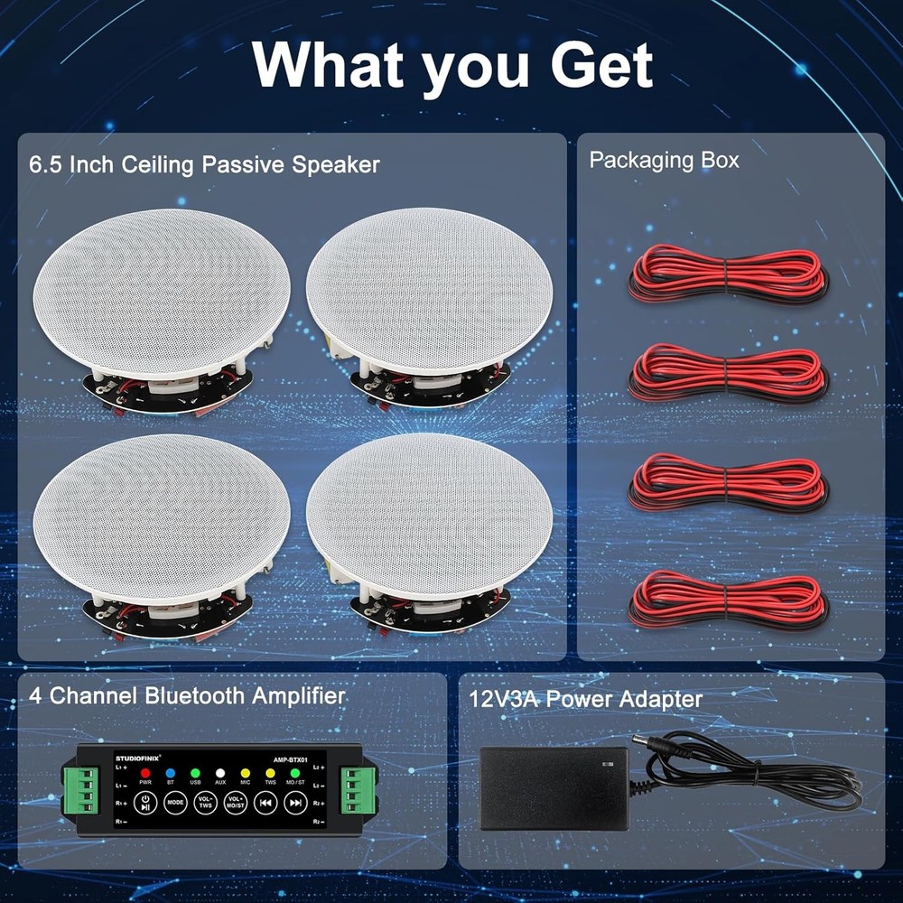 STUDIOFINIX 6.5" Bluetooth Ceiling Speakers 600W Wired Recessed Speaker System