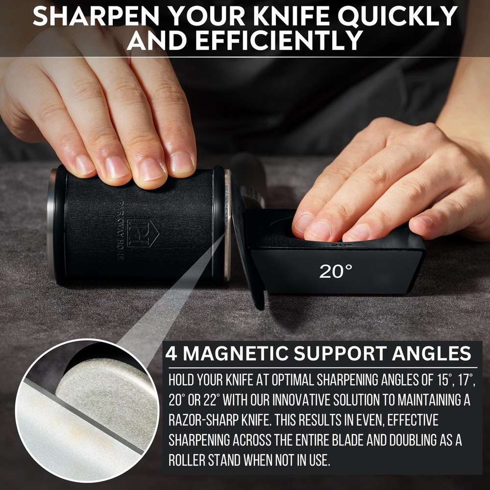 Black Roller Sharpener for Knives with Leather Strop - Knife Sharpener Kit wi...