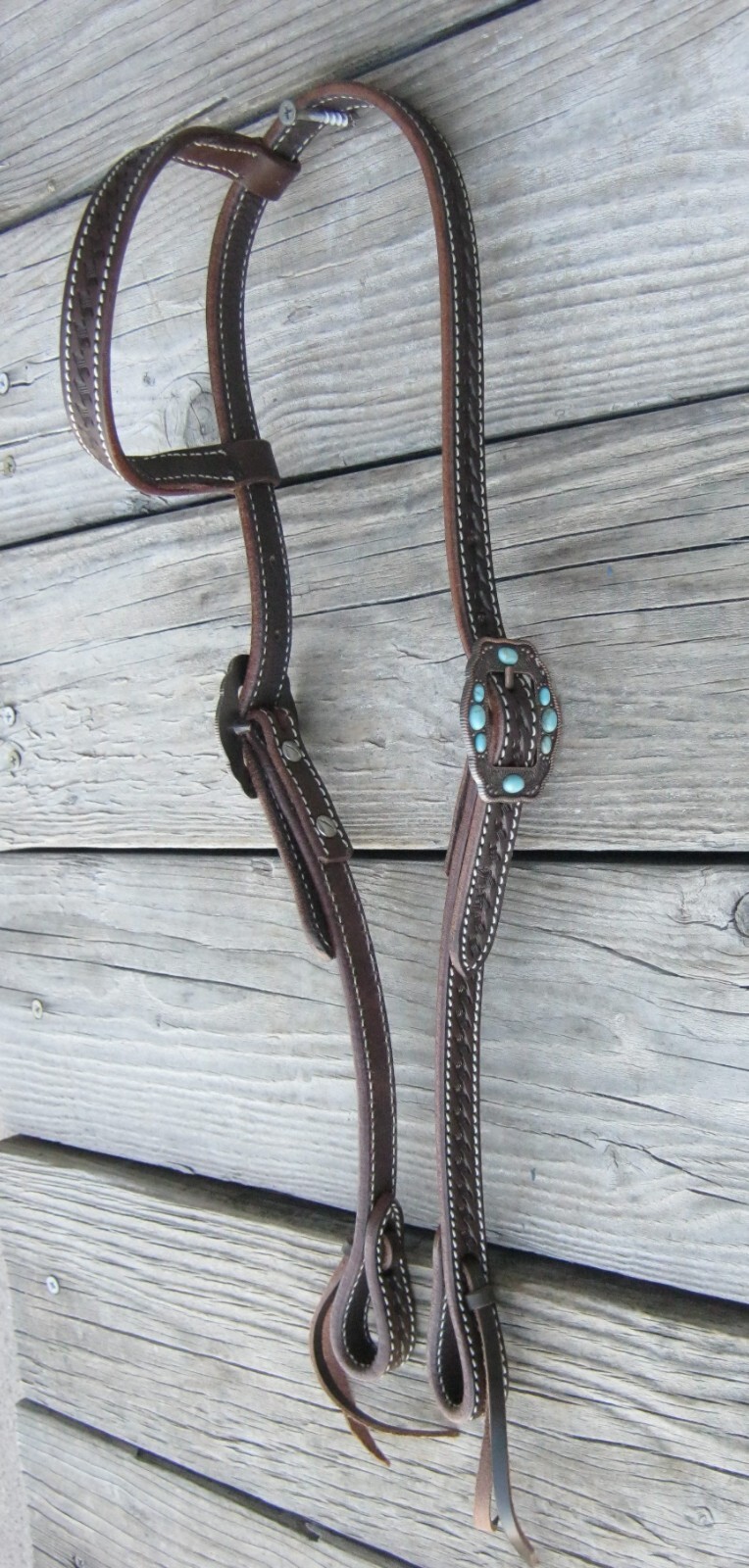 West 74 Dark Brown Leather 5/8" One Ear Copper Turquoise Cart Buckles Headstall