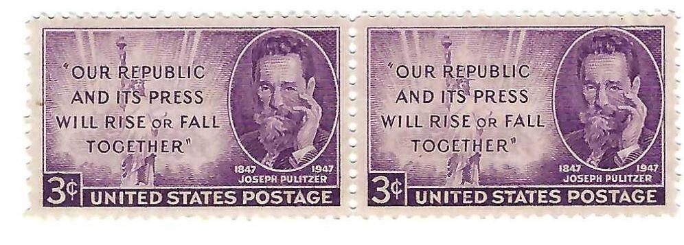 STAMP US SCOTT 946 "J. Pulitzer" 3 CENT 1947 MNH HORIZ PAIR