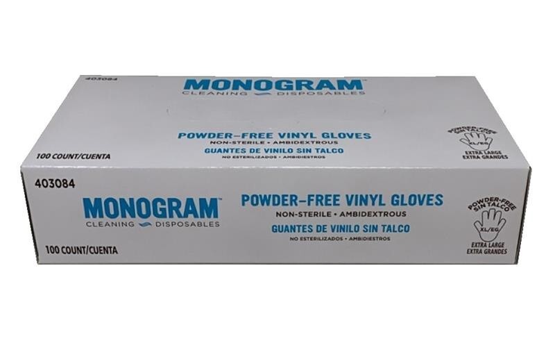 Monogram 403084 Extra Large Powder Free, Clear, Vinyl Gloves (10 box/100 gloves)