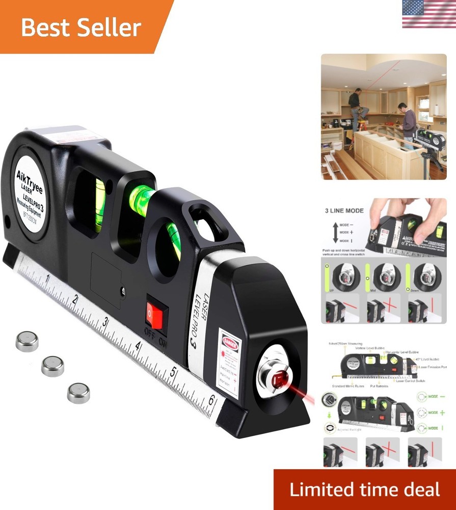 Precision Cross Line Laser Level Tool with 8ft Measuring Tape for DIY Projects