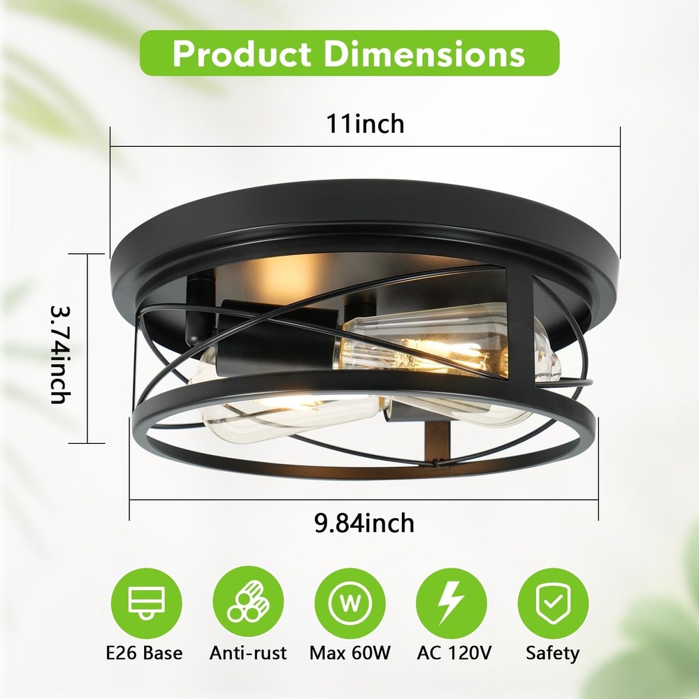 2 Pack Farmhouse Ceiling Light - Dimmable Rustic Black Flush Mount E26(not in...