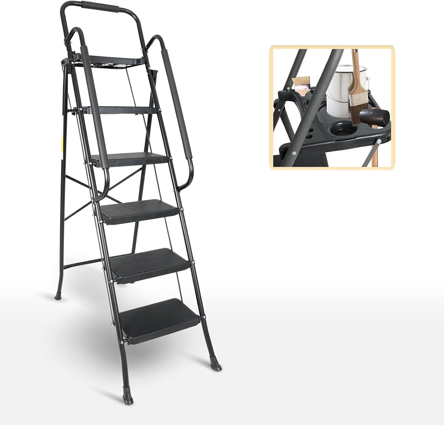 5 Step Non-Slip Stool Ladder with Handrails 330 lbs folding Tool Tray Platform