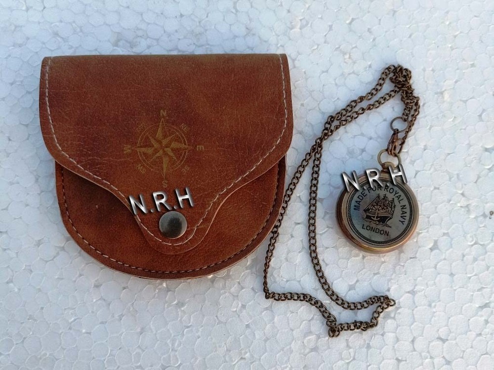 Brass Compass with Leather Case and Chain Locket Navigation