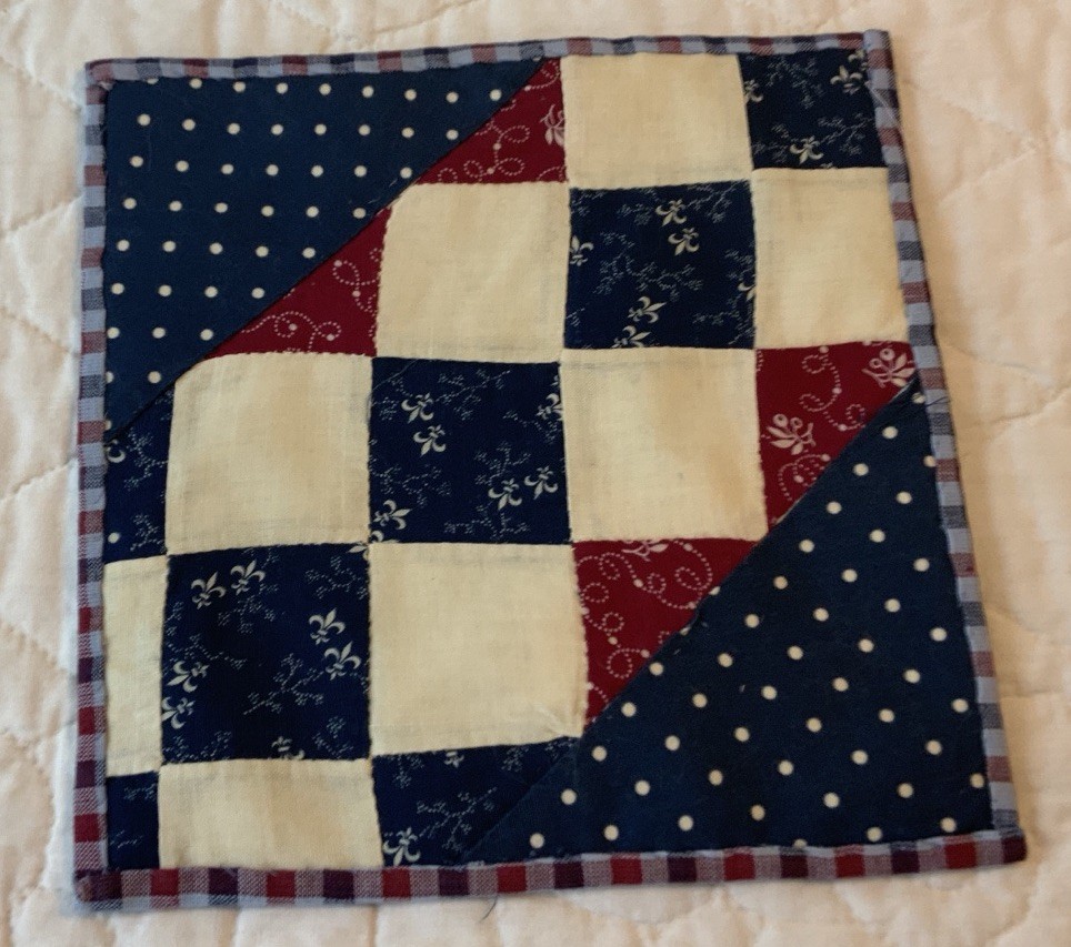 Antique Patchwork Quilt Table Topper, Early Calicos, Squares, Triangles, Navy
