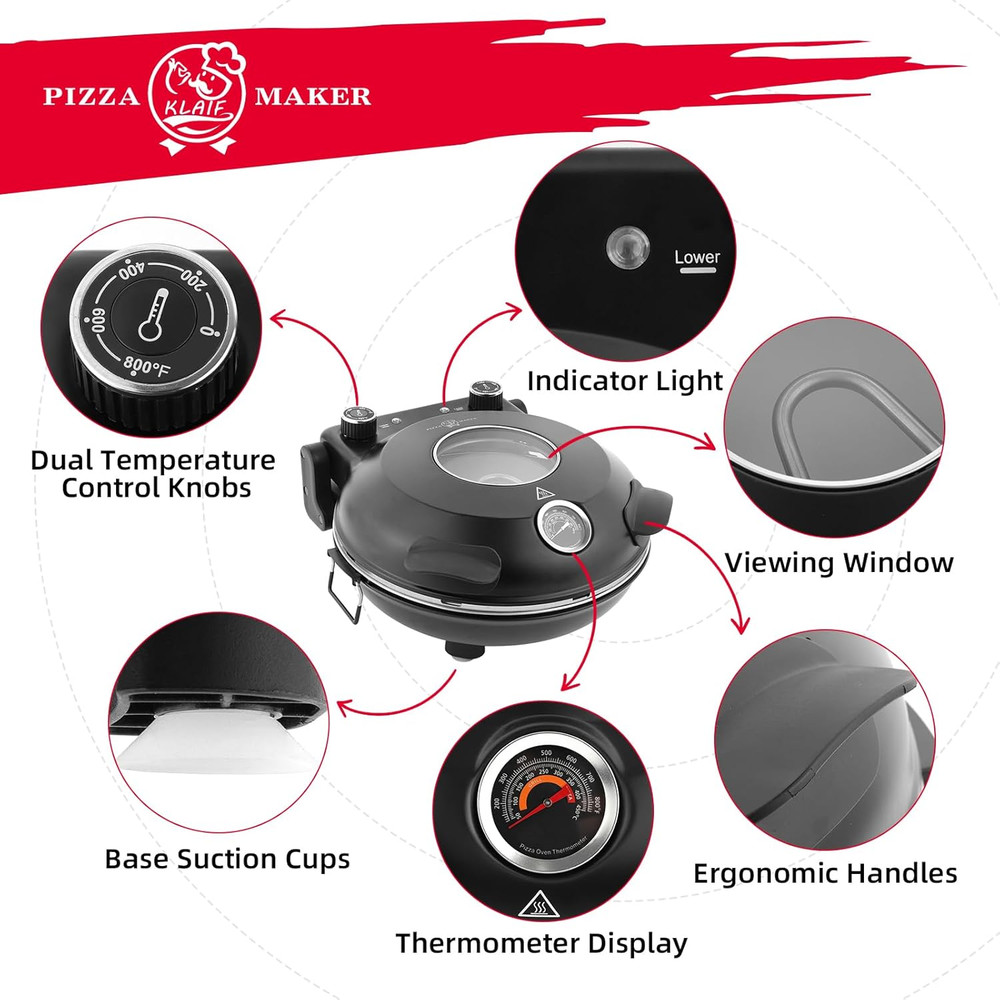 12" Electric Pizza Oven with Ceramic Stone & Dual Temp Control Tools