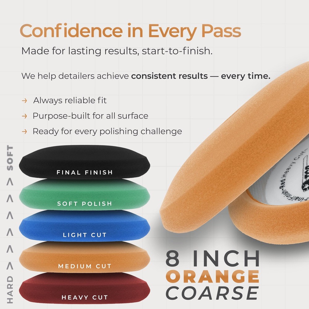 8" Orange Foam Buffing Pad Extra Coarse Cutting Polish Hook and Loop Backing ...