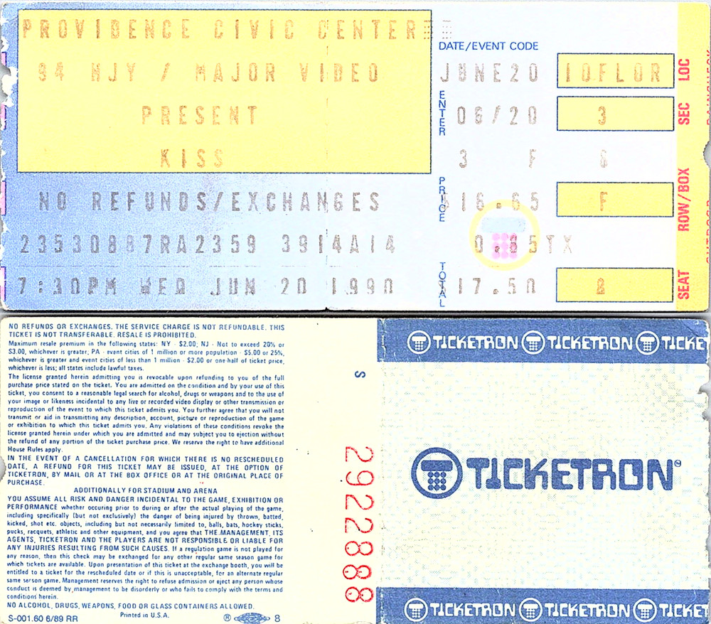 KISS CONCERT TICKET STUB, 6/20/1990, PROVIDENCE CIVIC CENTER