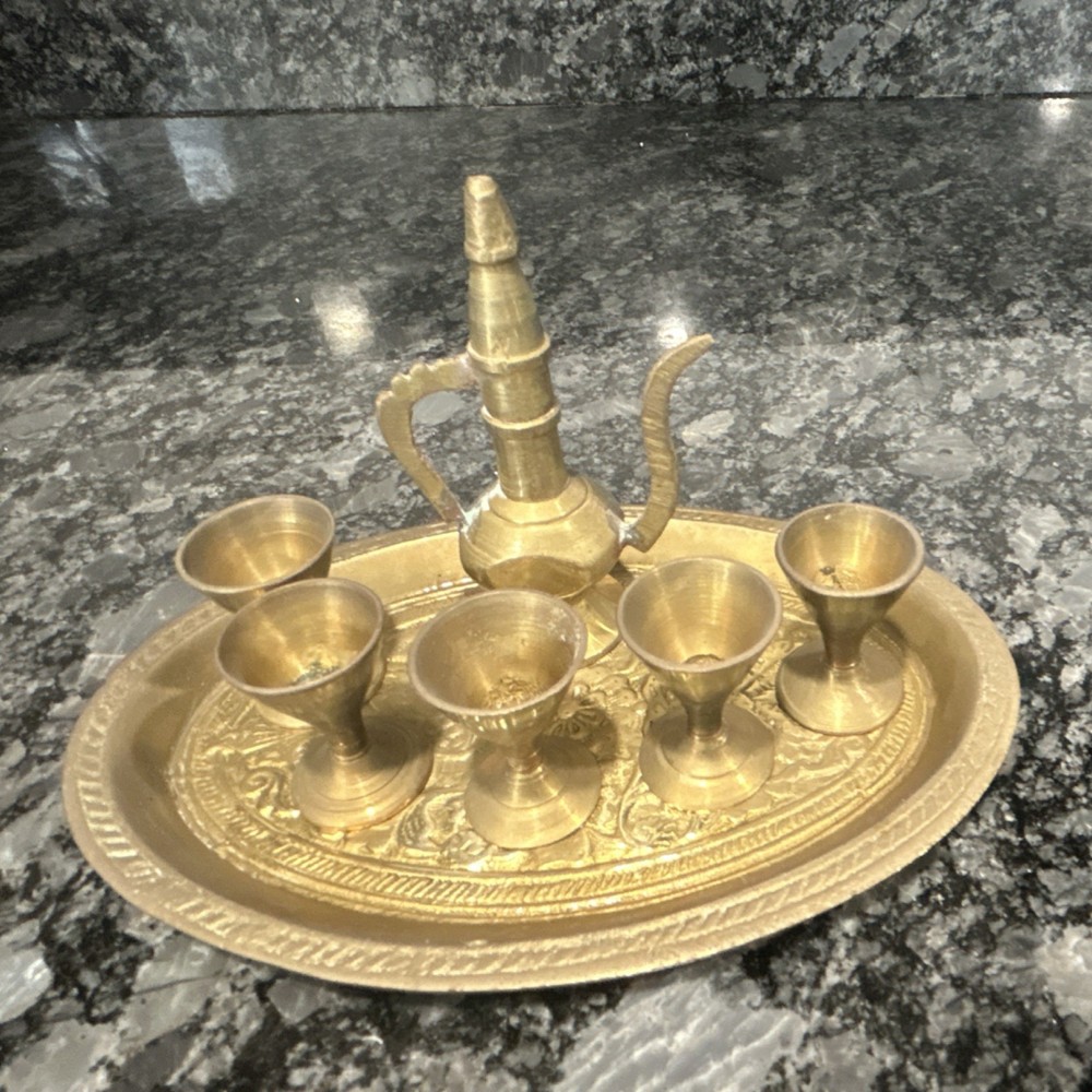 Middle Eastern Brass Miniature Tea Set Tray Pitcher Goblets Traditional Decor