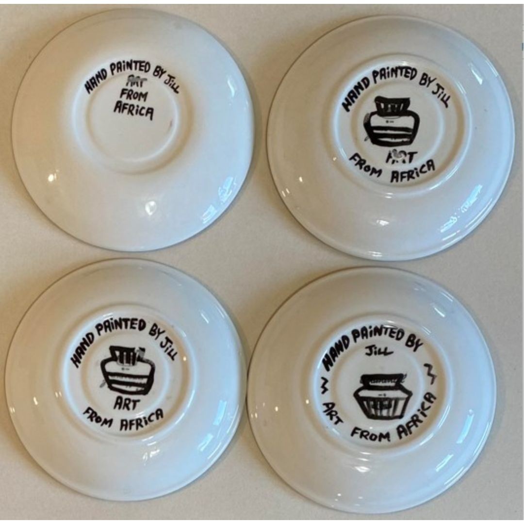 4 Hand Painted African Ceramic Teacups & Saucers Leopard, Giraffe, Zebra Rustic