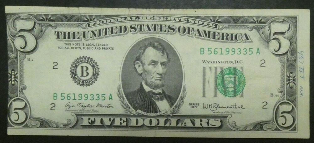 1977 $5 Five Dollars Federal Reserve Note ERROR MISALIGNED MAJOR SHIFT