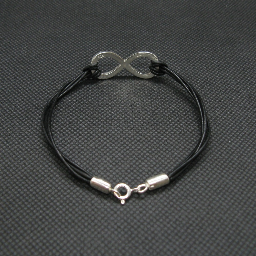 Sterling Silver Bracelet Solid Hallmarked 925 With Natural Leather Infinity