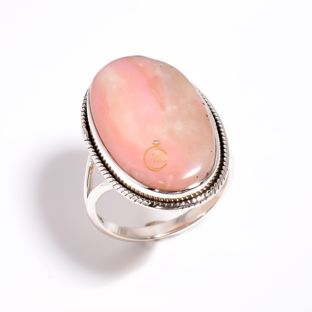Pink Opal Ring Pink Stone 925 Sterling Silver Handmade Statement Boho Rings