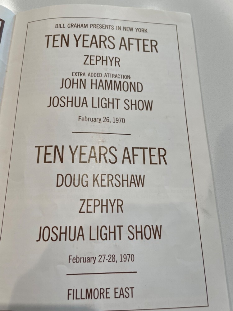 TEN YEARS AFTER FILLMORE EAST CONCERT no ticket,PROGRAM