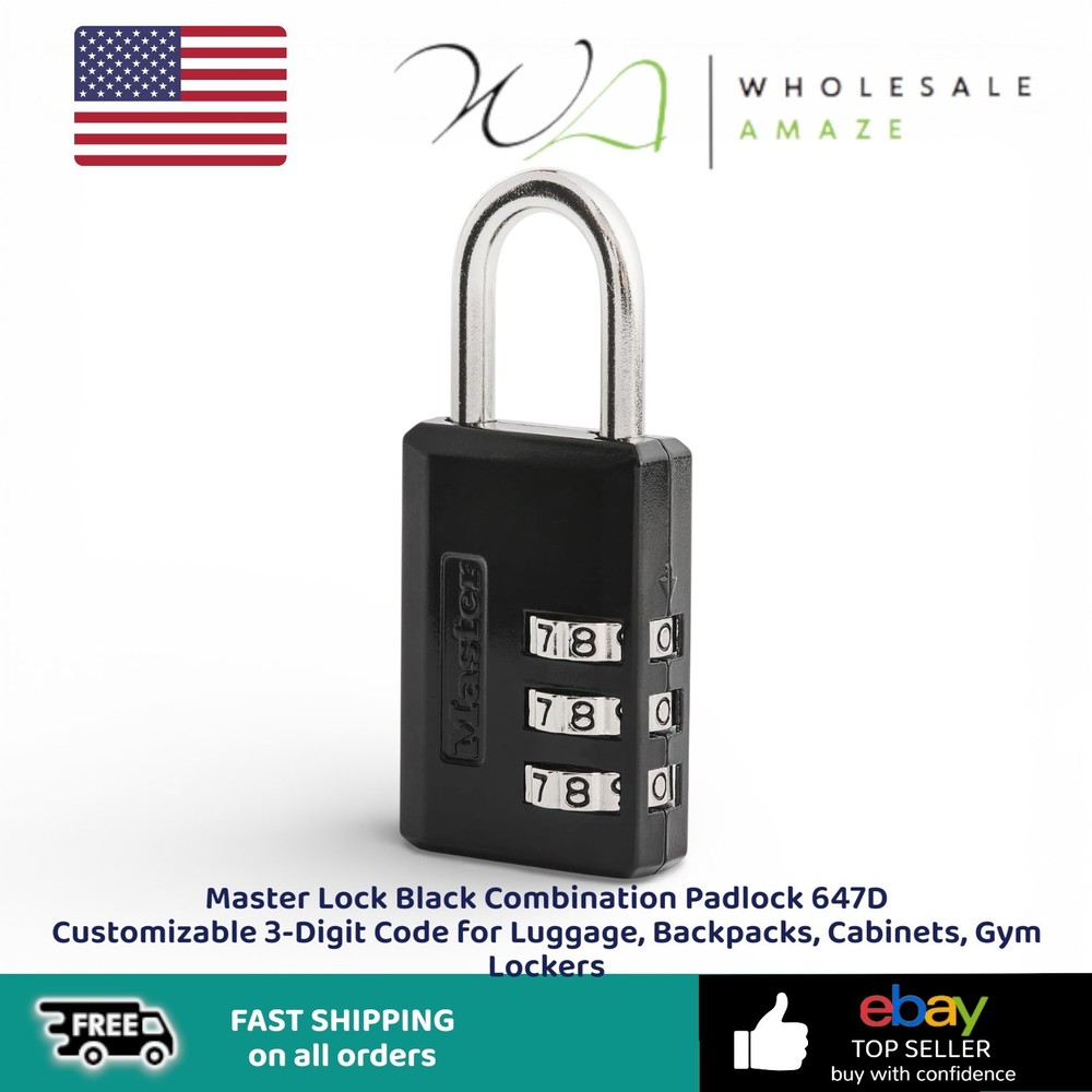 Master Lock Black Combination Padlock 647D Customizable 3-Digit Code for Luggage