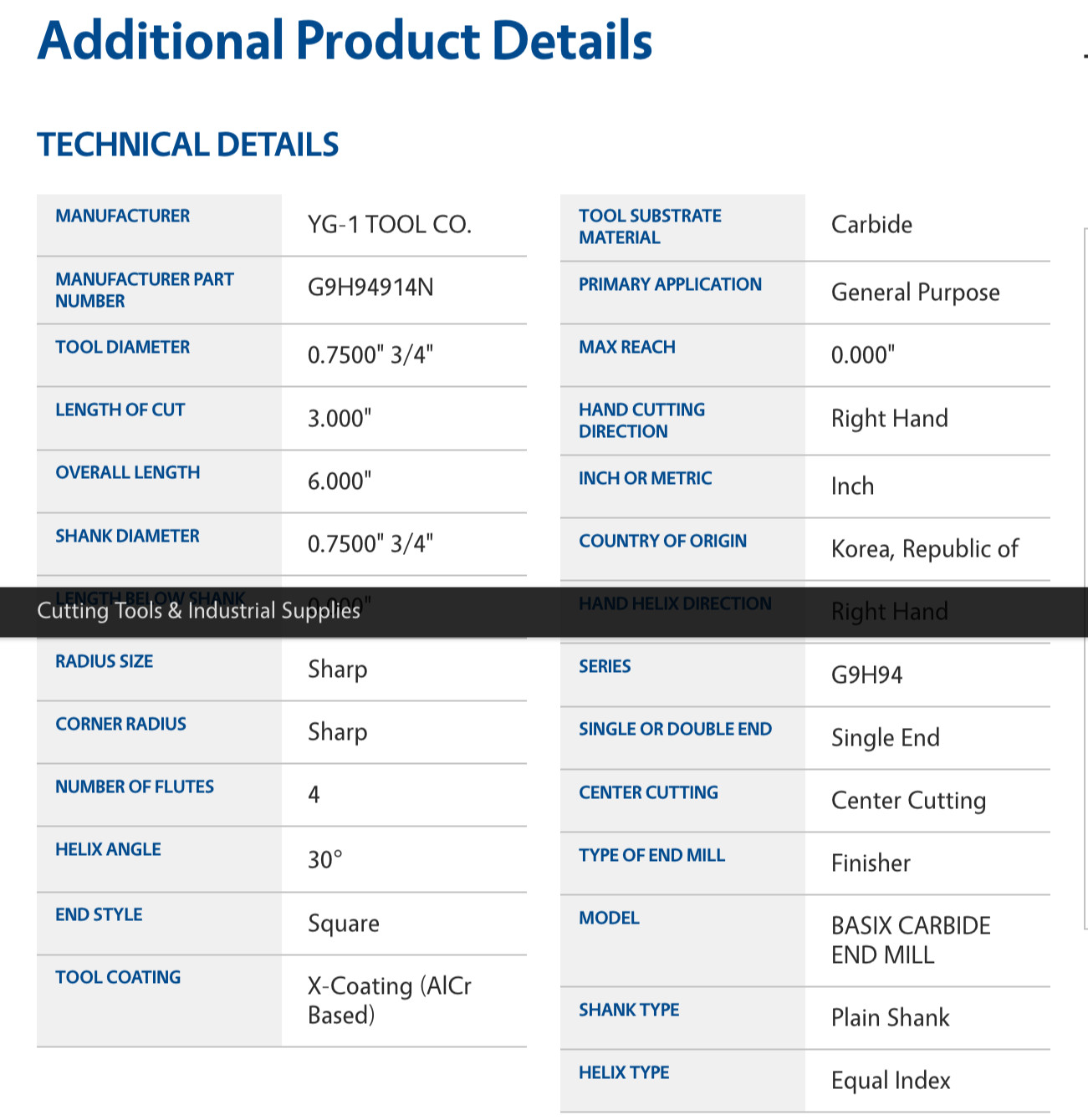 YG-1 3/4" Carbide End Mill 4 Flute EX-Long 6" OAL G9H94914N NEW