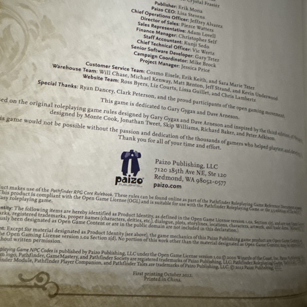 Pathfinder NPC Codex, 1st Print Hardcover Paizo