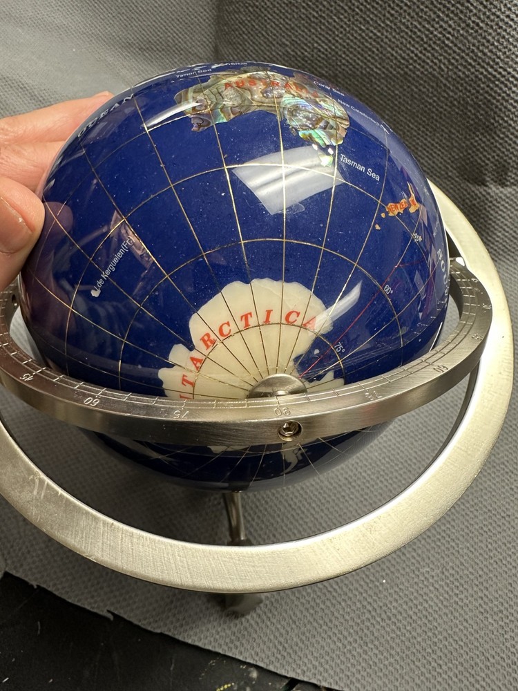 10 Inch Decorative Gemstone Inlaid World Globe With Solid Brass Three.
