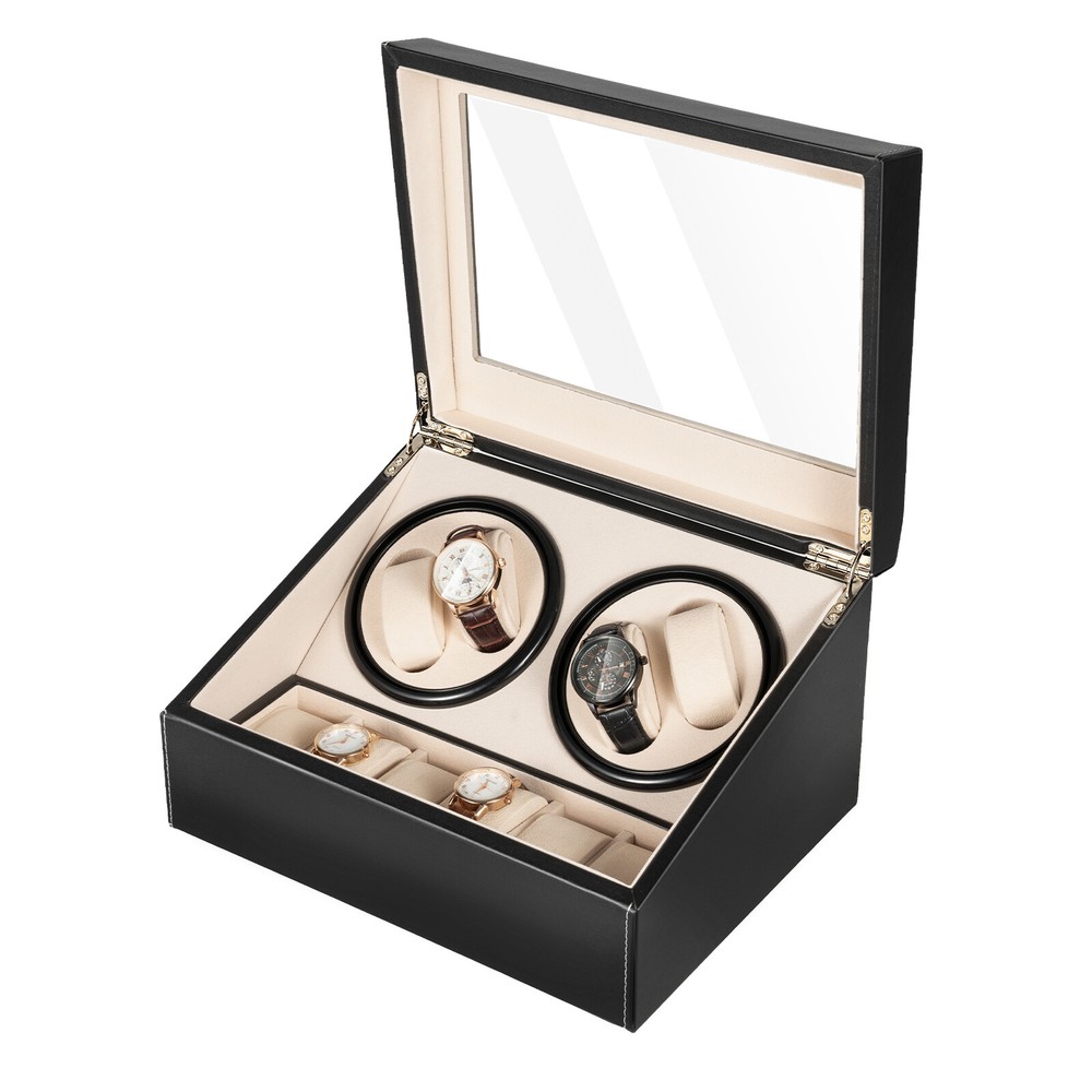 Luxurious 4+6 Automatic Rotation Leather Watch Winder Storage Display Box Black