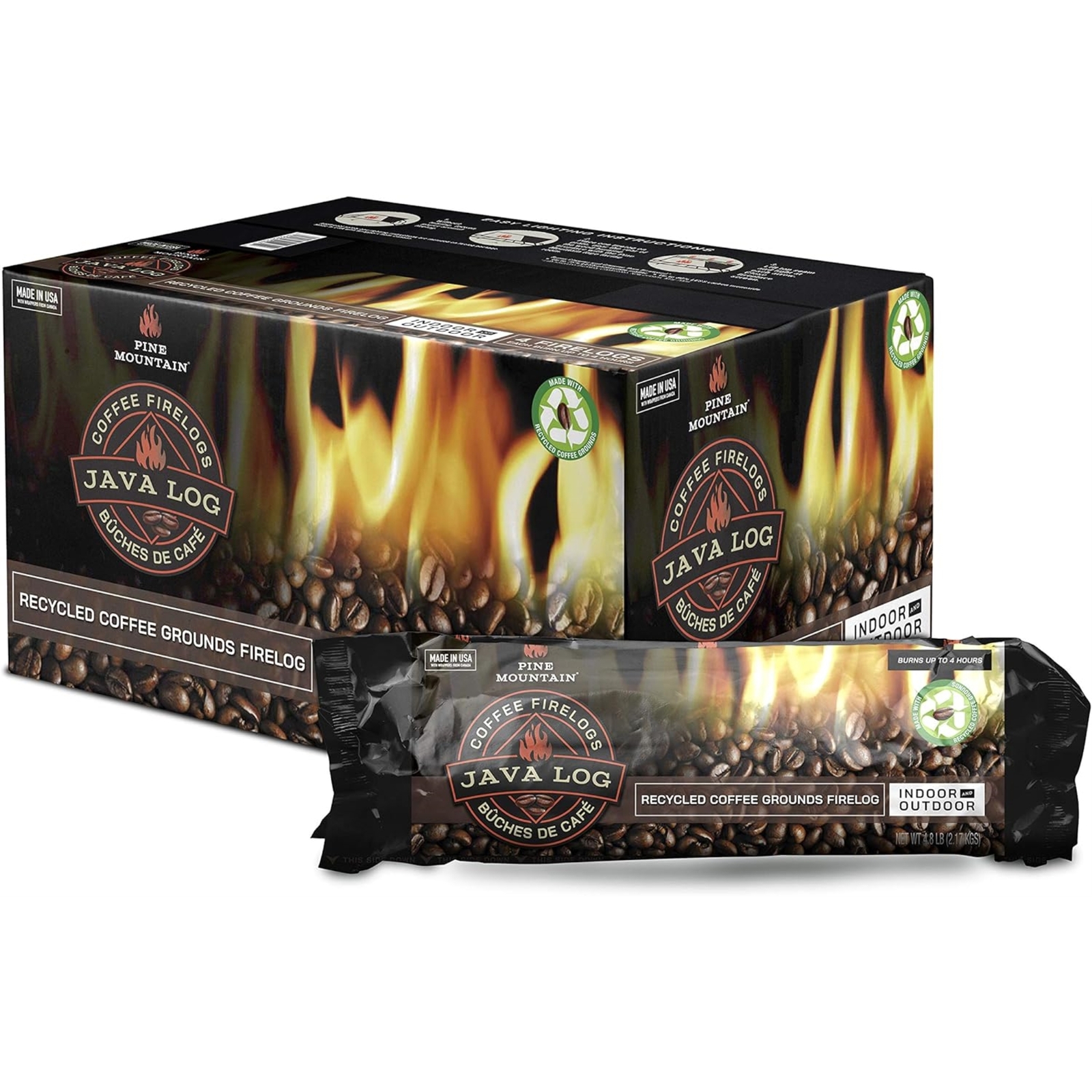 Pine Mountain Java-Log Firelog, 4-Hour Burn, Coffee Grounds (Pack of 4)