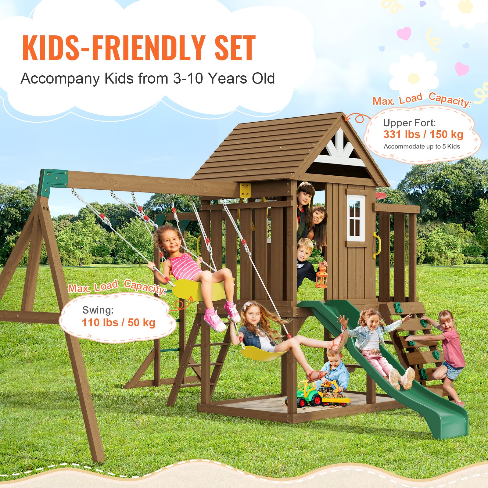 Wooden Swing Set 10 IN 1 Outdoor Playground Sets 6 FT Slide Upper Fort
