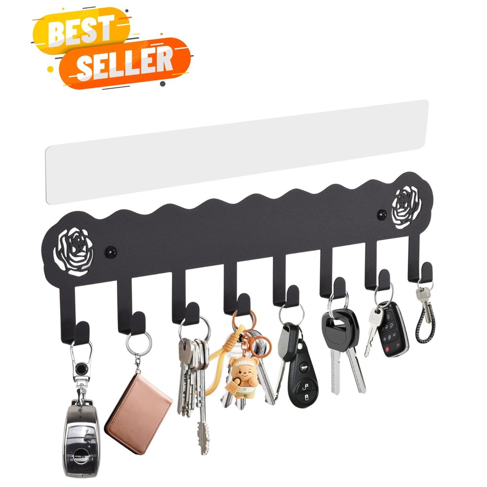 Modern Black Key Organizer with 8 Hooks - Rust Resistant, Multi-Purpose Design