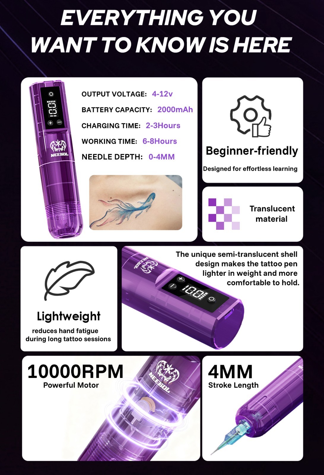 Complete Tattoo Pen Kit Wireless Tattoo MachineGun with Needle Ink Tattoo Supply