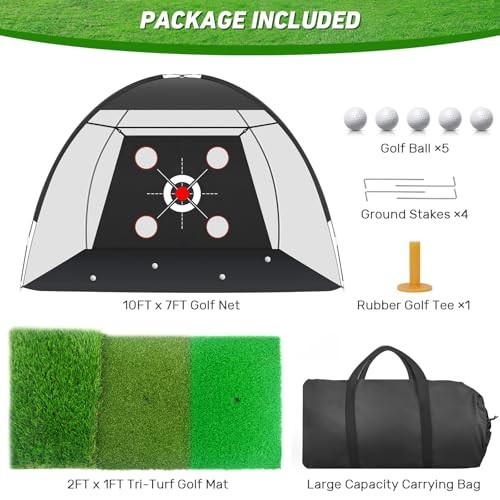 10x7FT Golf Net with Practice Mat - Hitting Aid for Backyard Training, Indoor/Ou
