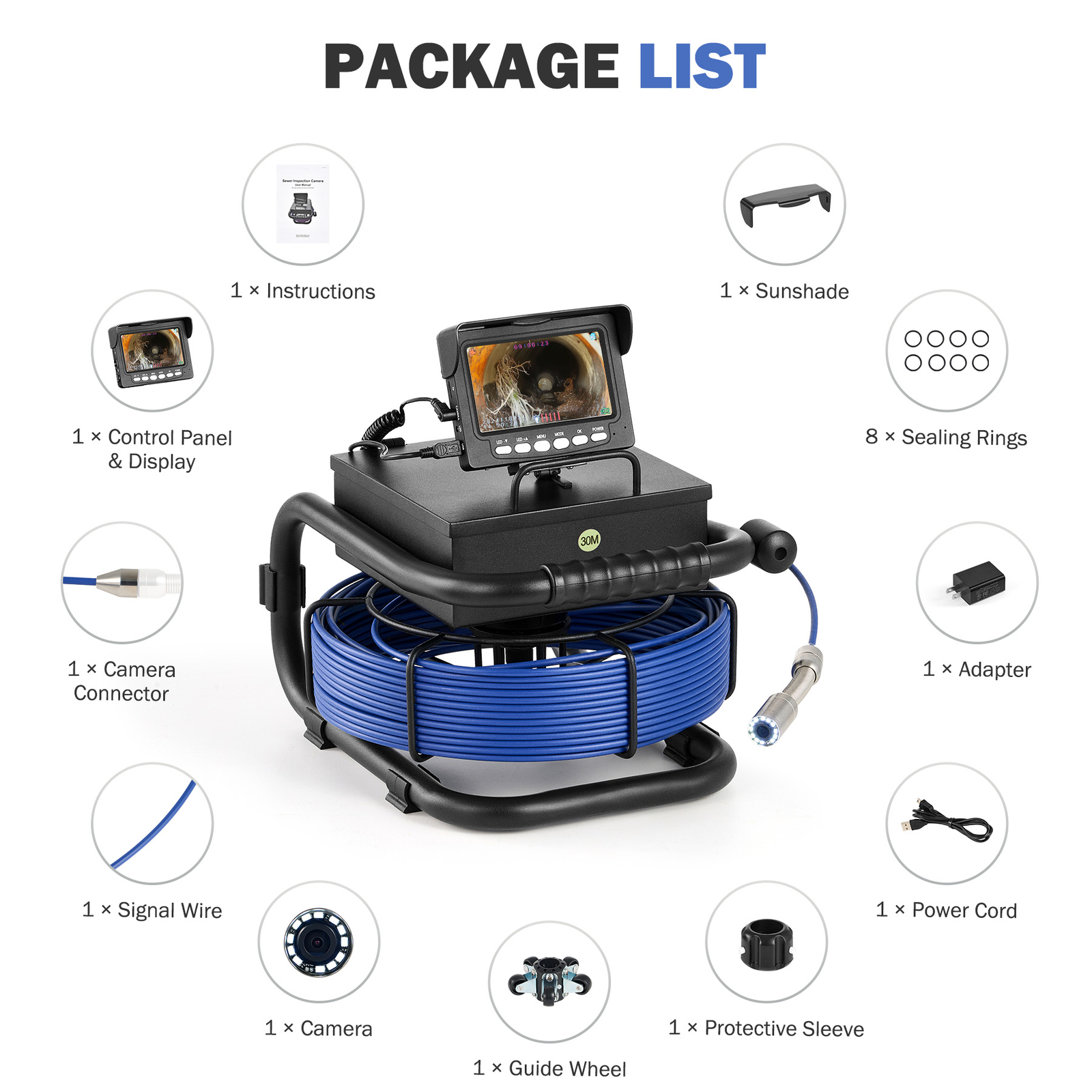 Zelcan Pipe Inspection Camera 98FT/30M Sewer Camera Video Endoscope 4.3" Monitor