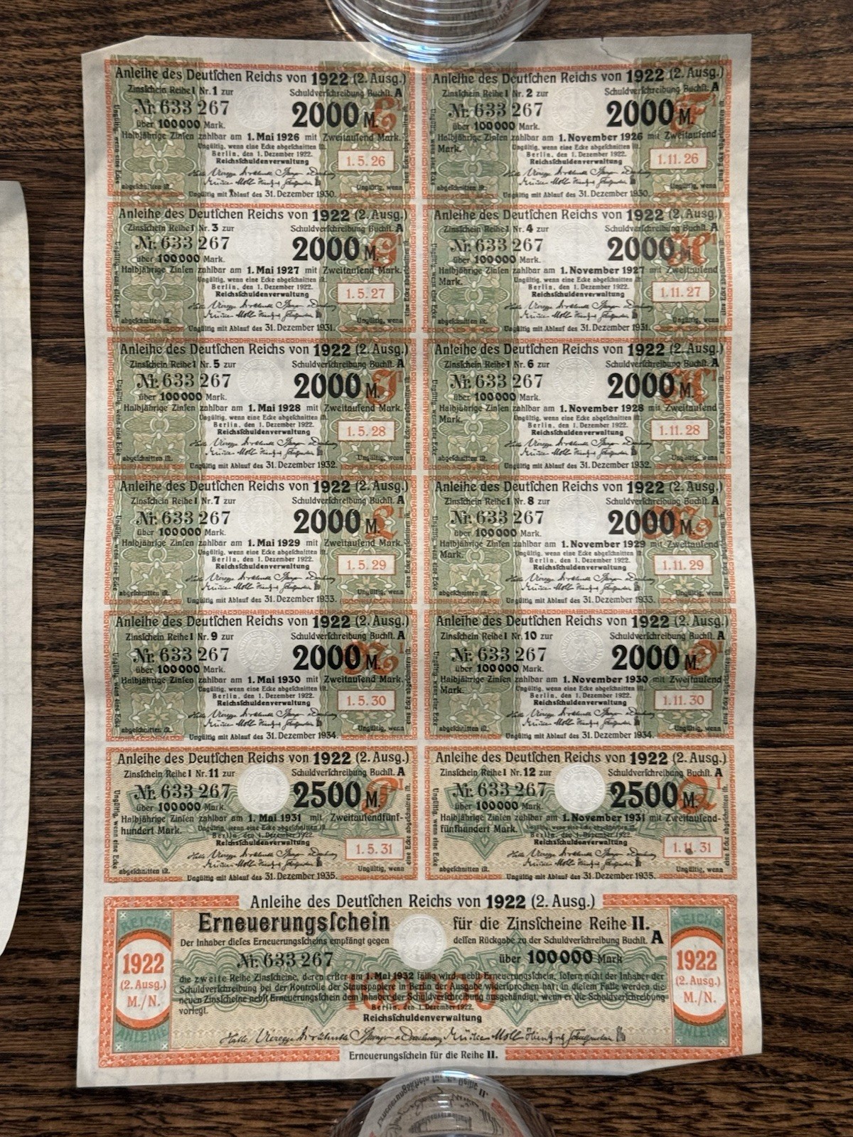 GERMANY Weimar Republic 1922 Berlin German Treasury Bond w/ Coupons 100,000 Mark