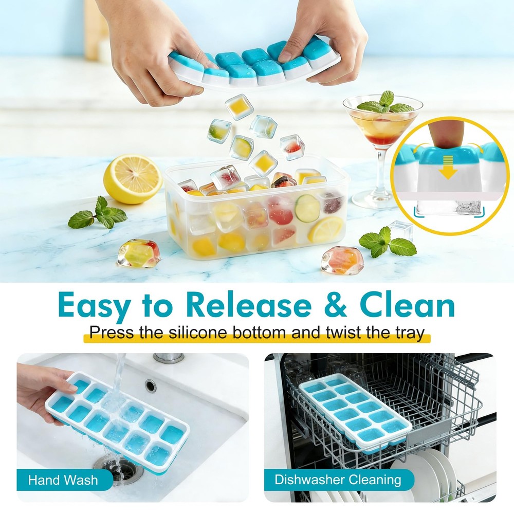 NFK Ice Cube Tray with Lid & Bin - 4 Pack 48 Cubes Stackable Silicone Blue