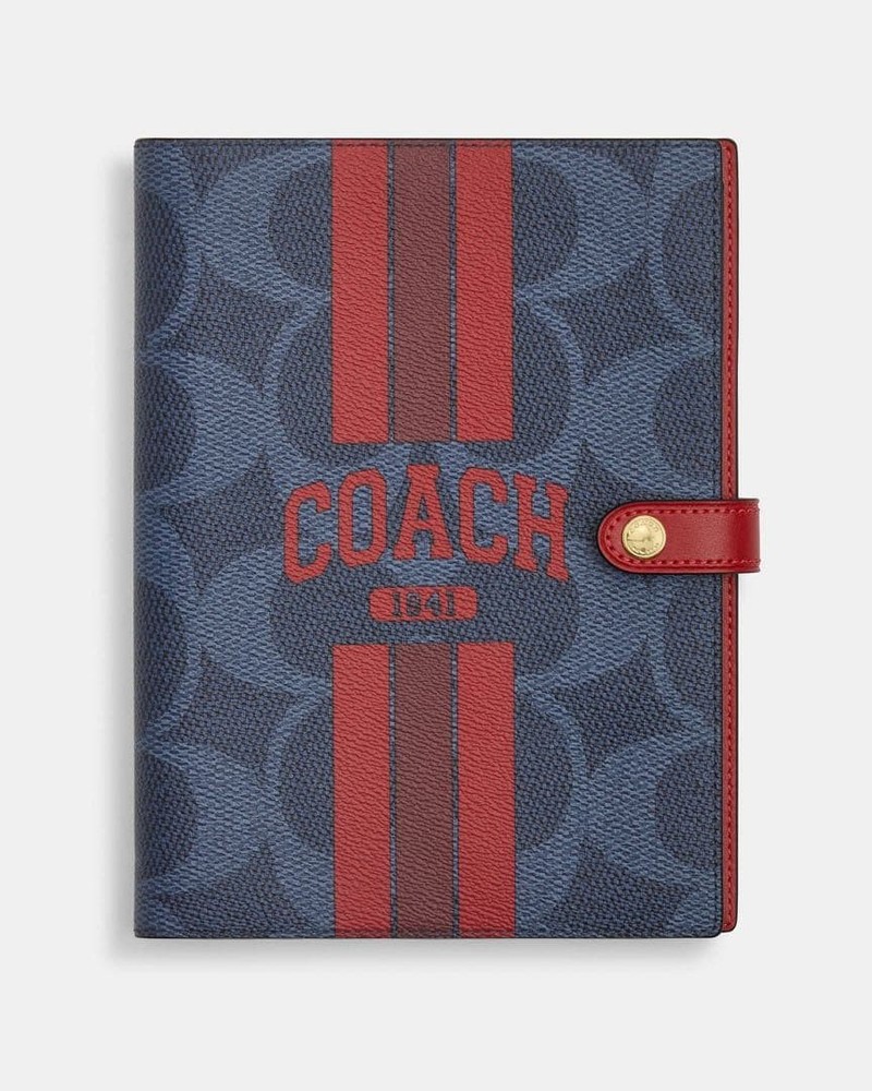 Coach Notebook Cover Graphics Navy Red Canvas Leather Logo Snap Closure New