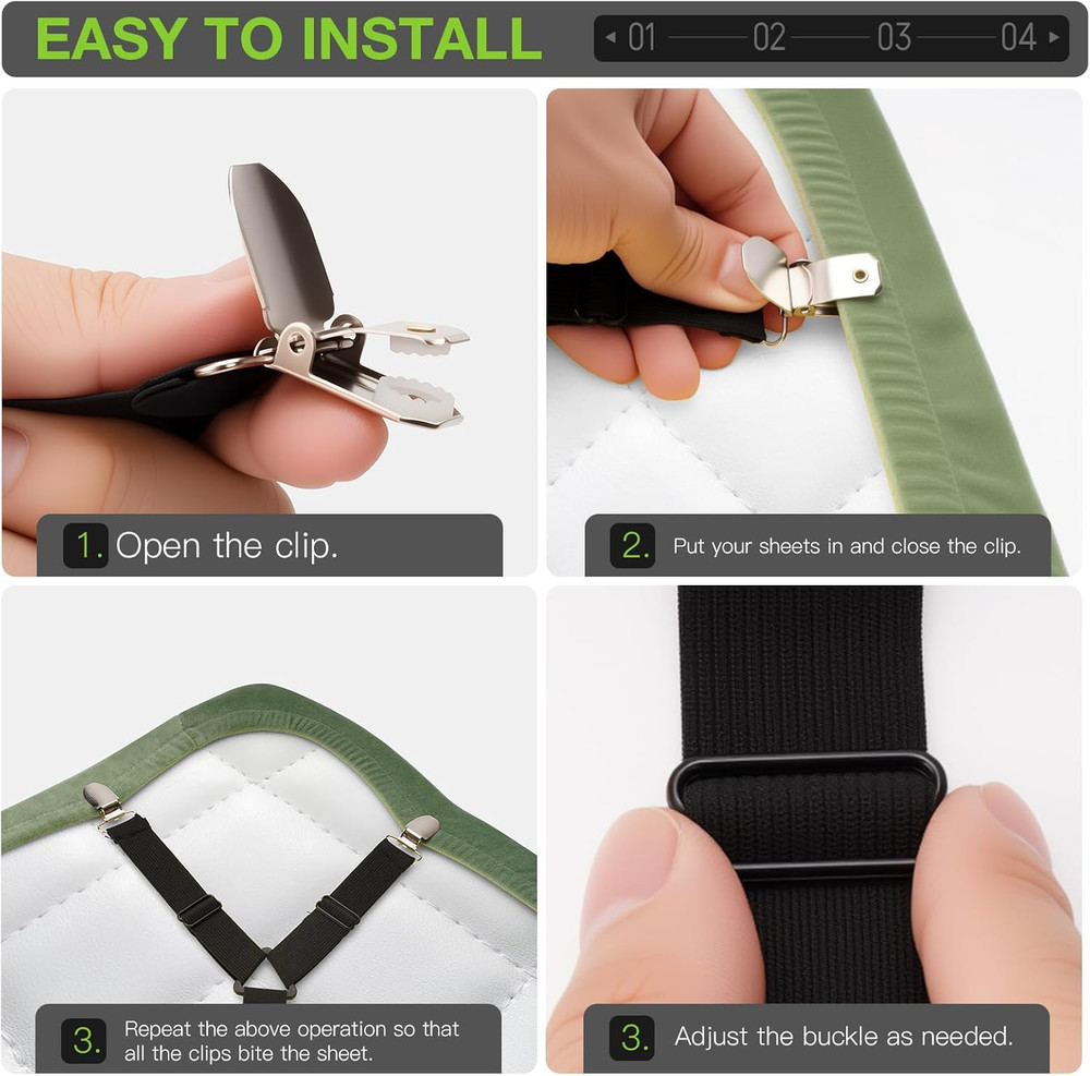 8PCS Adjustable Bed Sheet Holder Straps with Metal Clips