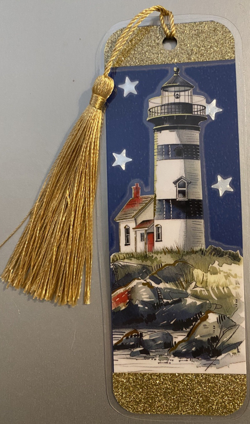 Lighthouse and Star Bookmark with Tassel - Laminated with Glitter Borders 6x2"