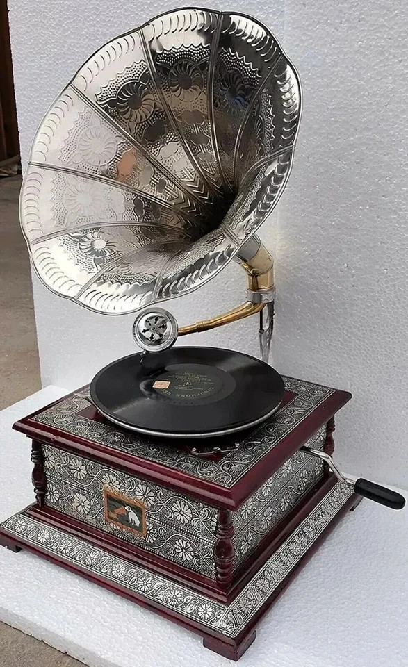 Antique HMV Gramophone Silver Functional working Phonograph win-up record player