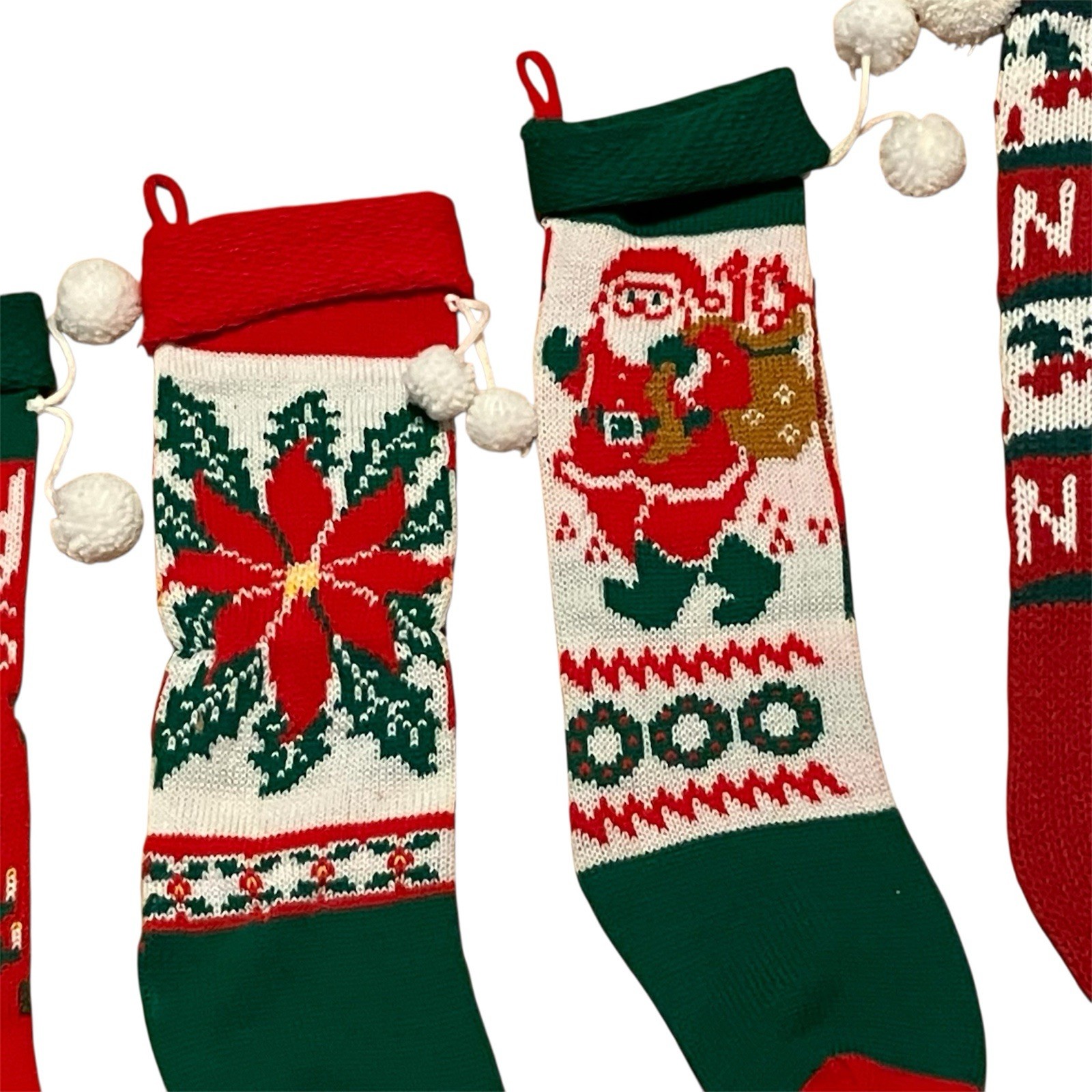 Vintage Christmas Stocking Lot Knit Red Green Santa Noel Poinsettia Tree Candle