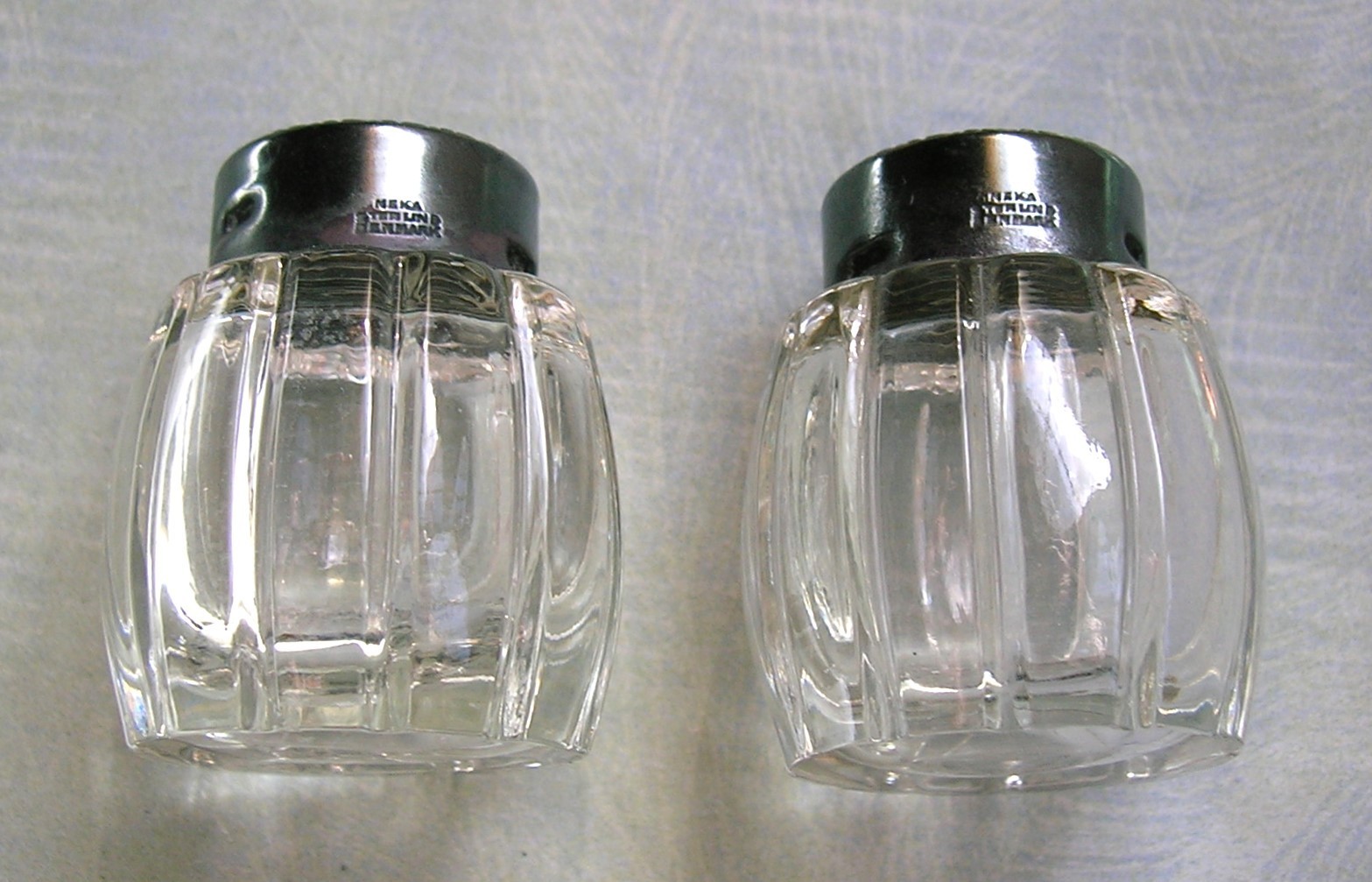 GLASS STERLING ENAMEL SALT AND PEPPER SHAKERS VINTAGE DANISH EXCELLENT CONDITION