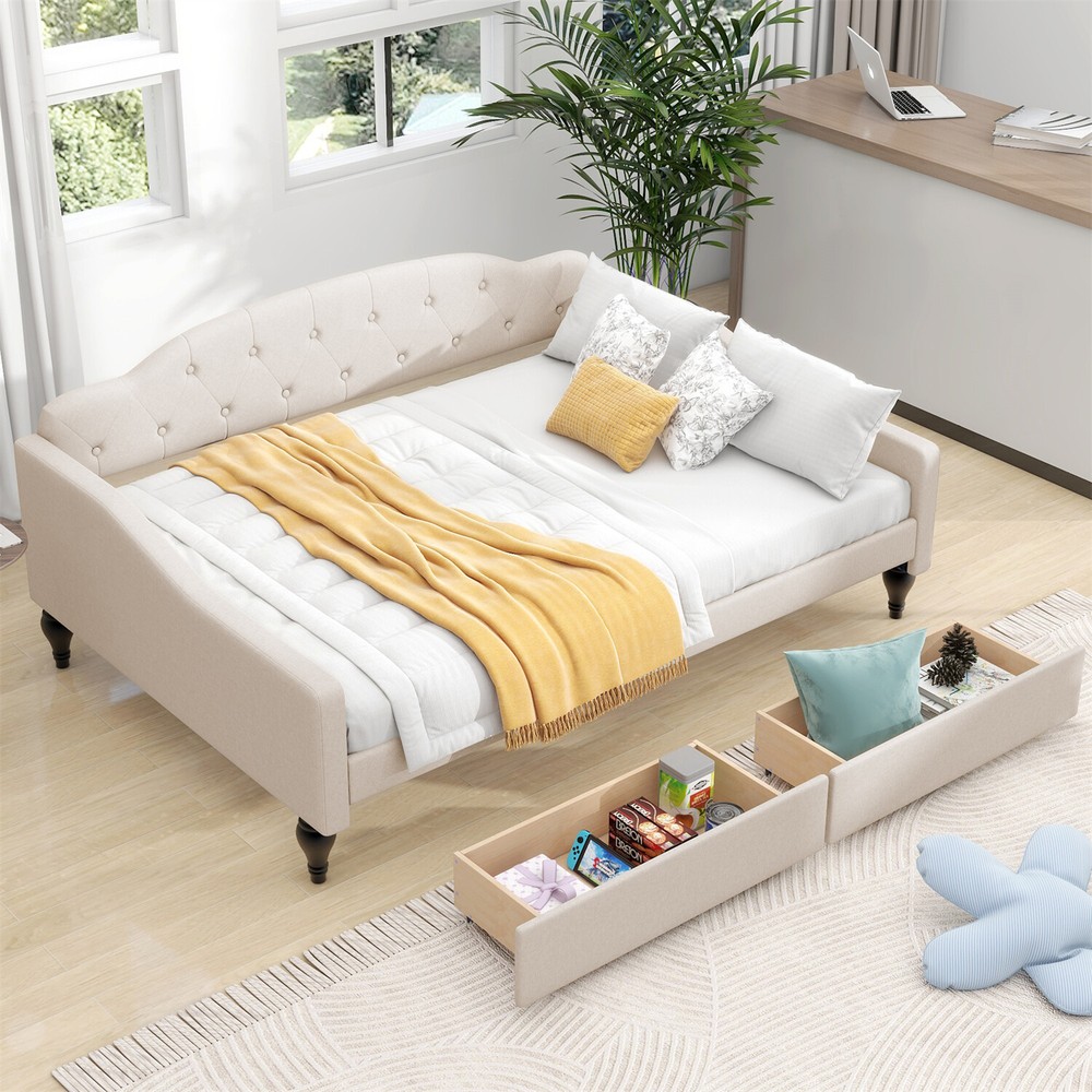 Full Size Daybed Upholstered Bed Frame Sofa Bed with 2 Storage Drawer Beige US