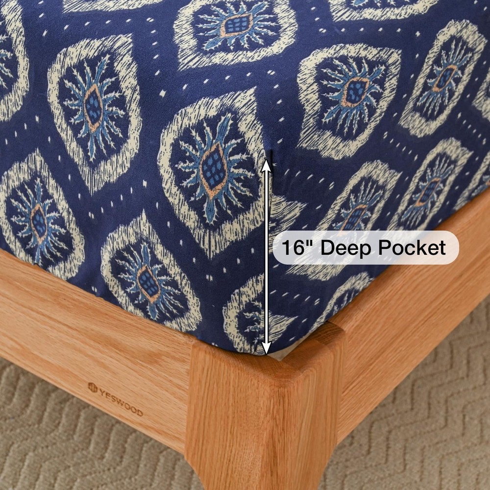 Yibeizi Navy Blue Boho Patterned Queen Sheet Set Microfiber 4 Piece Bedding