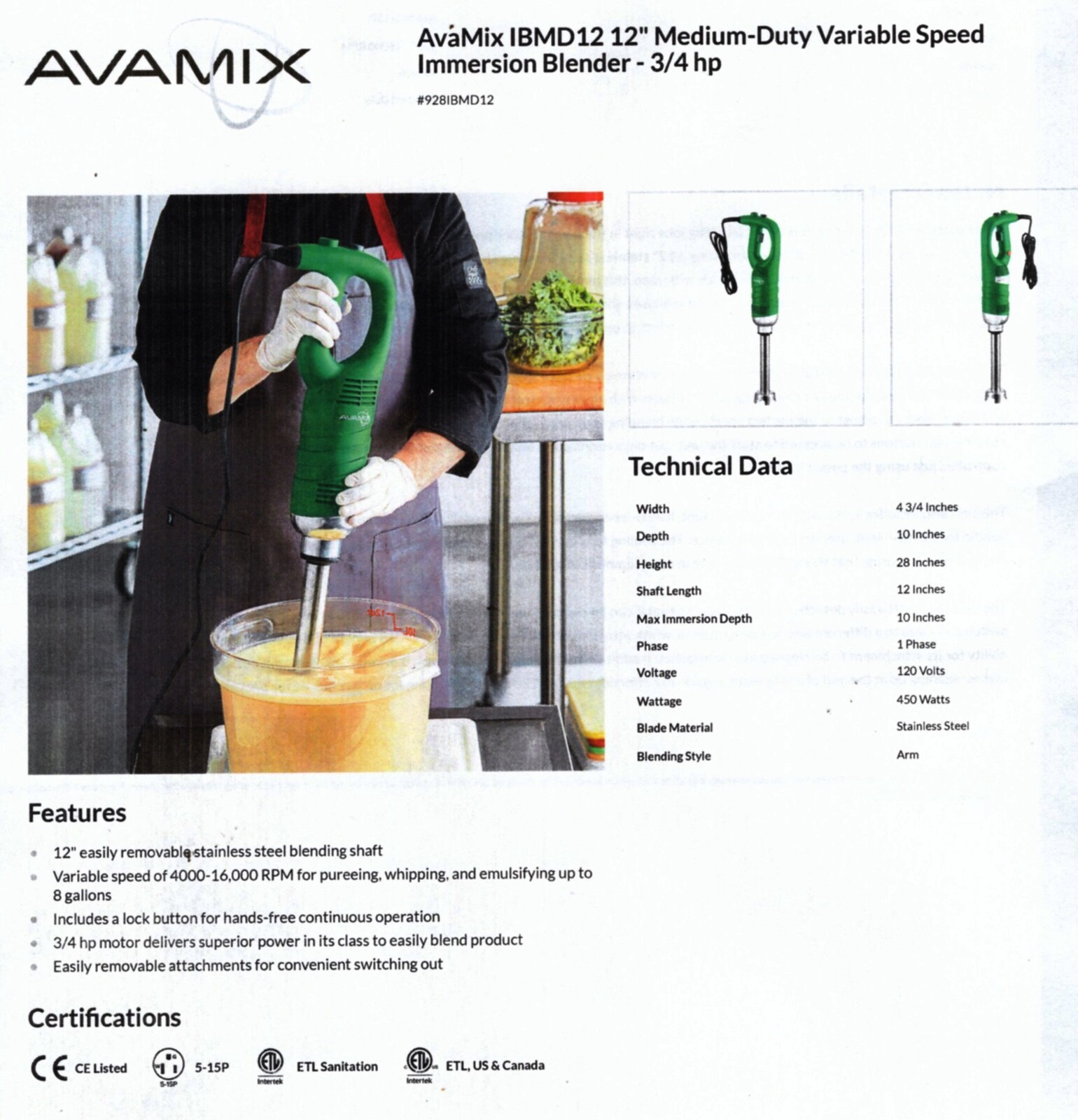 AvaMix 928IBMD12BX 12" Commercial Variable Speed Immersion Blender 3/4hp w/Kit